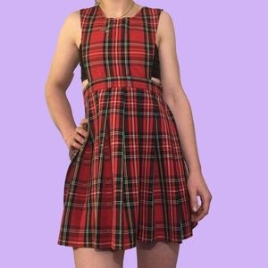 Pleated Plaid Overall Style Dress, XS